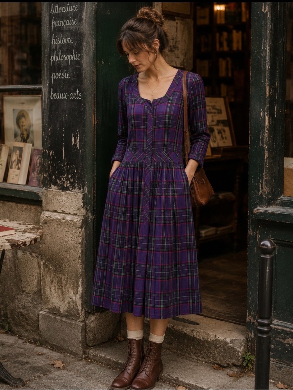 Vintage 80s Eileen West Purple Tartan Plaid Pleated Maxi Dress NWOT Small